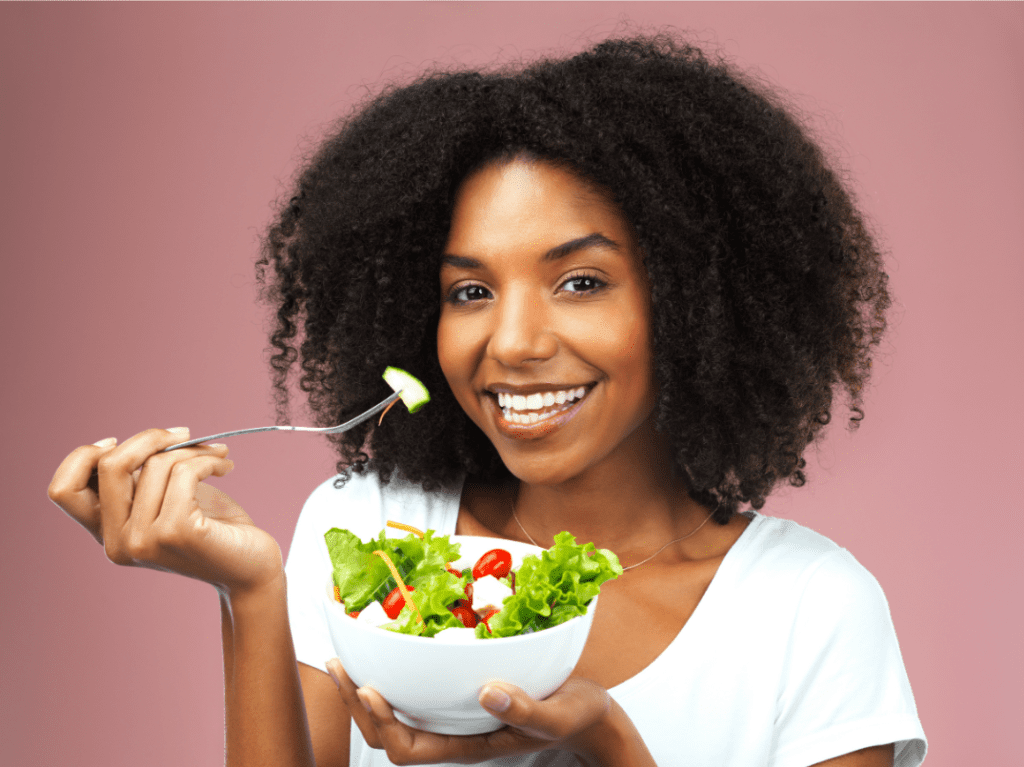 woman eating healthy food, eat well